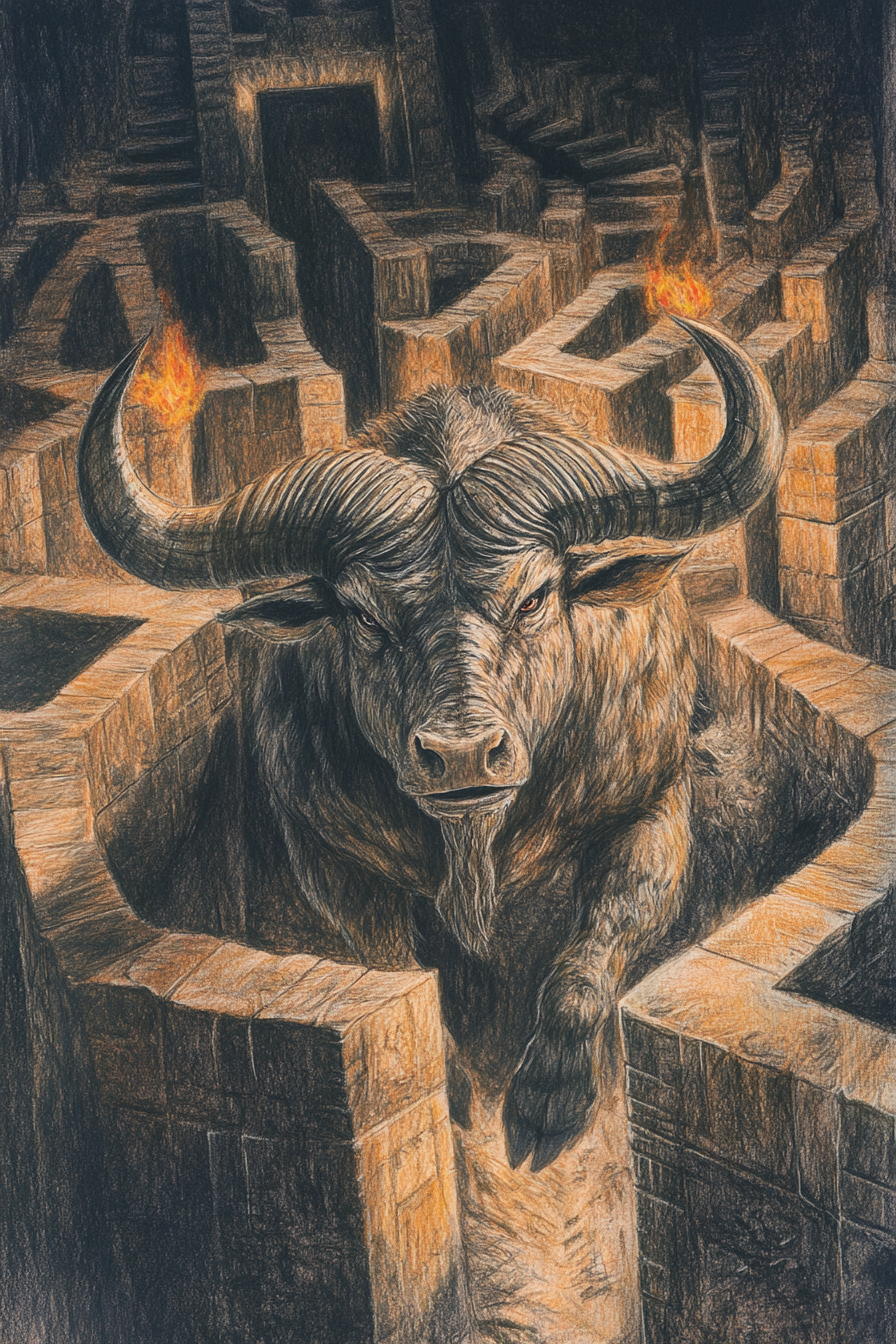 Sketch of Minotaur in maze with stone walls.