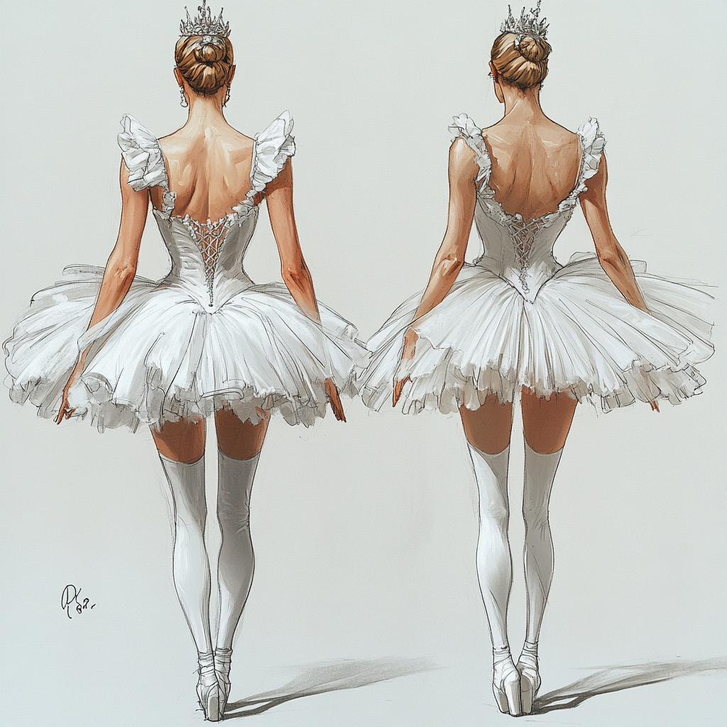 Sketch of ballerina in white tutu costume from front