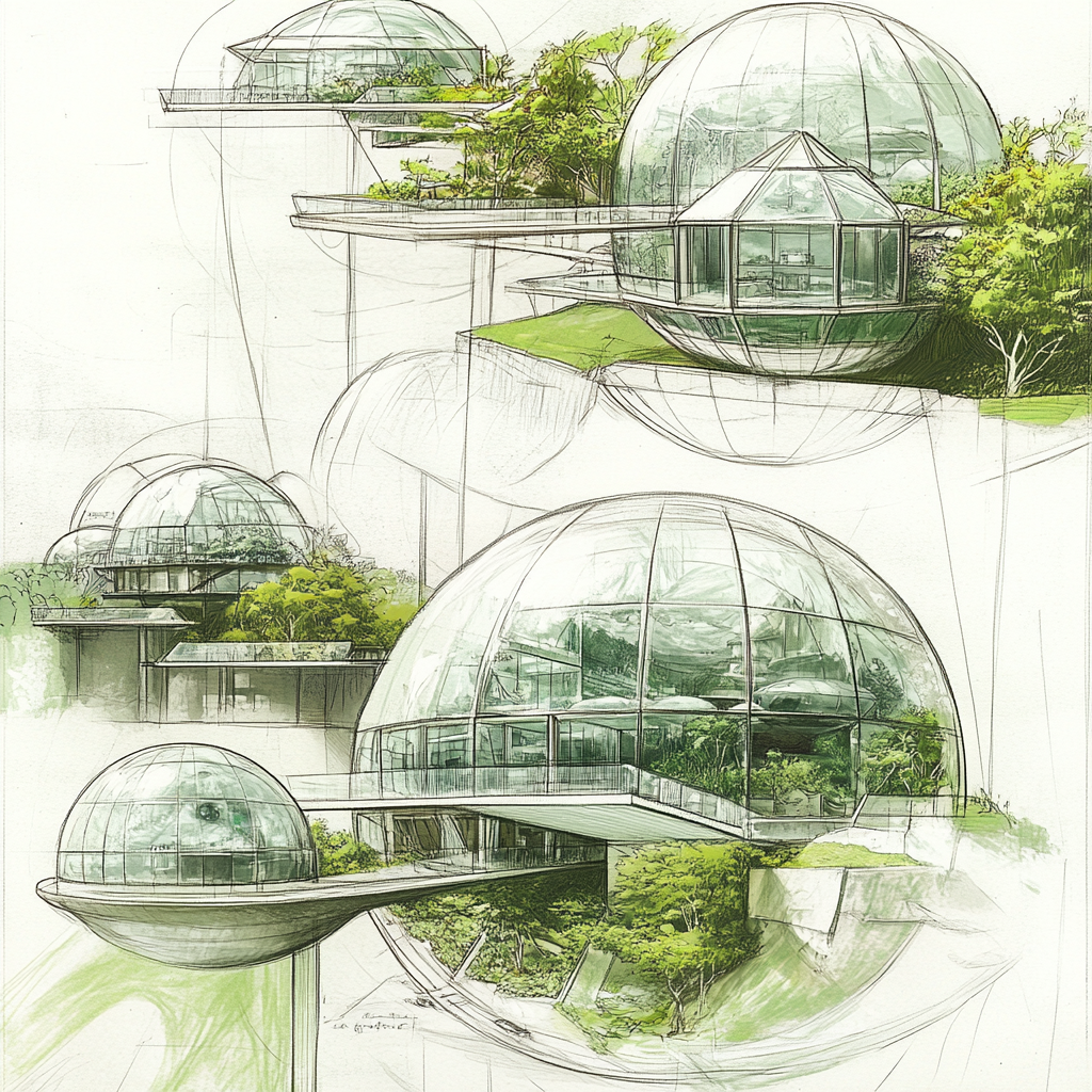 Sketch of biopark with green house domes and walkways