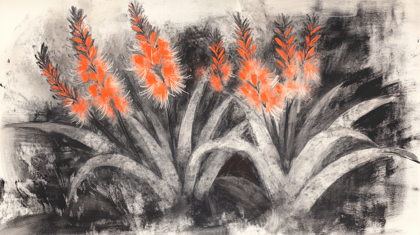 Sketch of lovely garden with aloe plants in sunset.