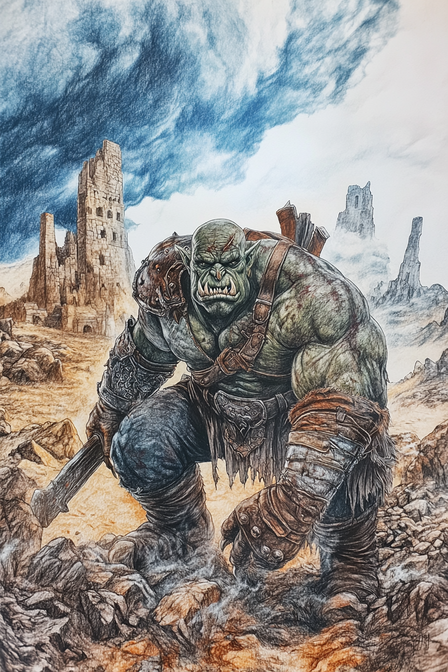 Sketch of orc in war-torn landscape with ruins.