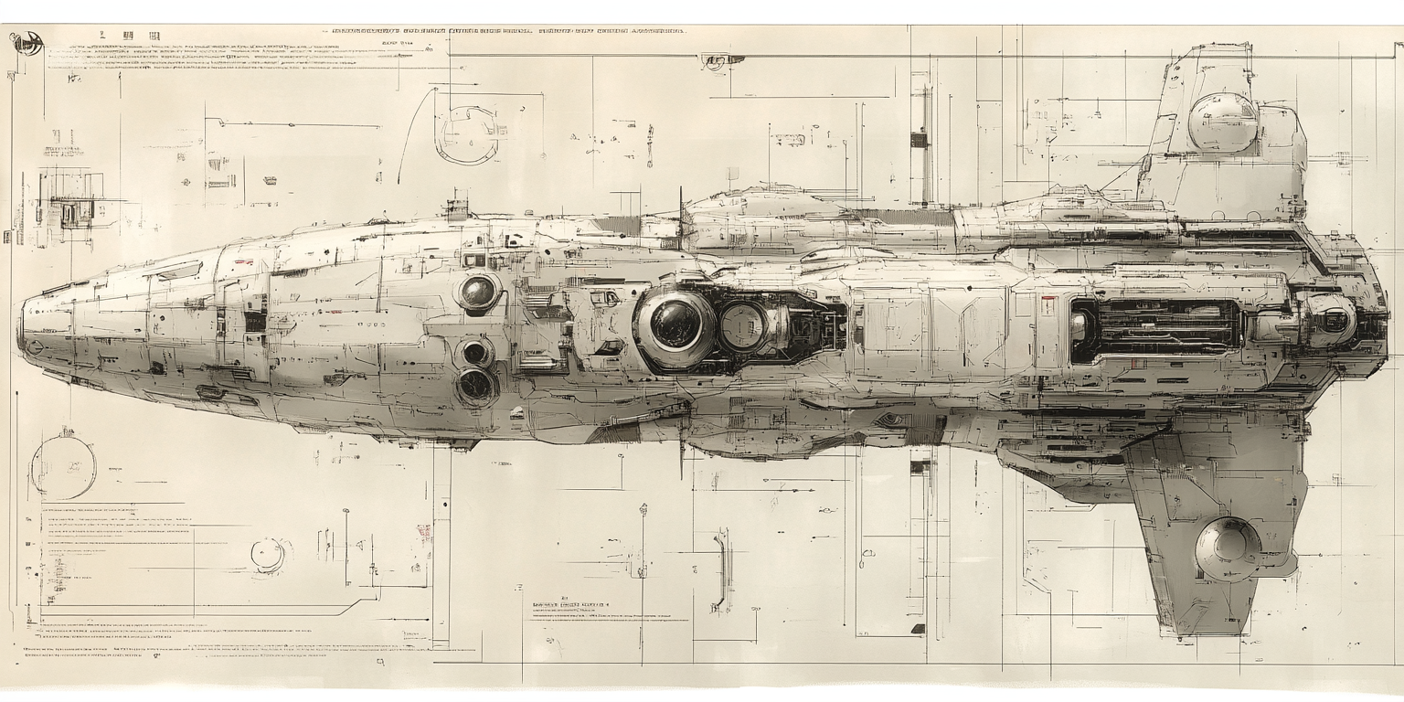 Sketch of space carrier frigate with hangar for mobile suits.