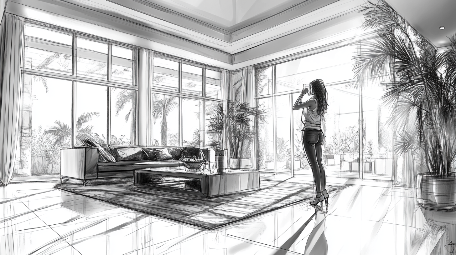 Sketch of woman pouring water in luxury living room.