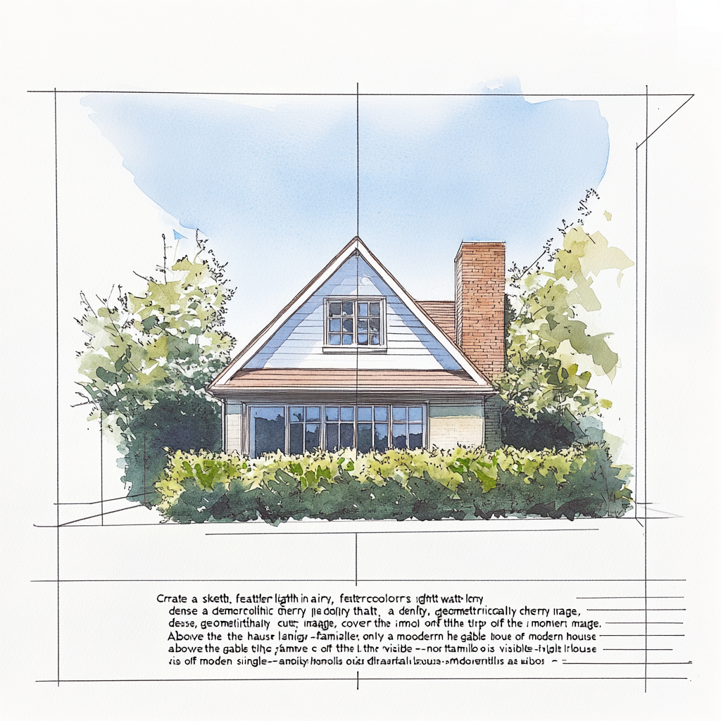 Sketch: Dense geometric laurel hedge, modern gable peeks out. Sky blue.