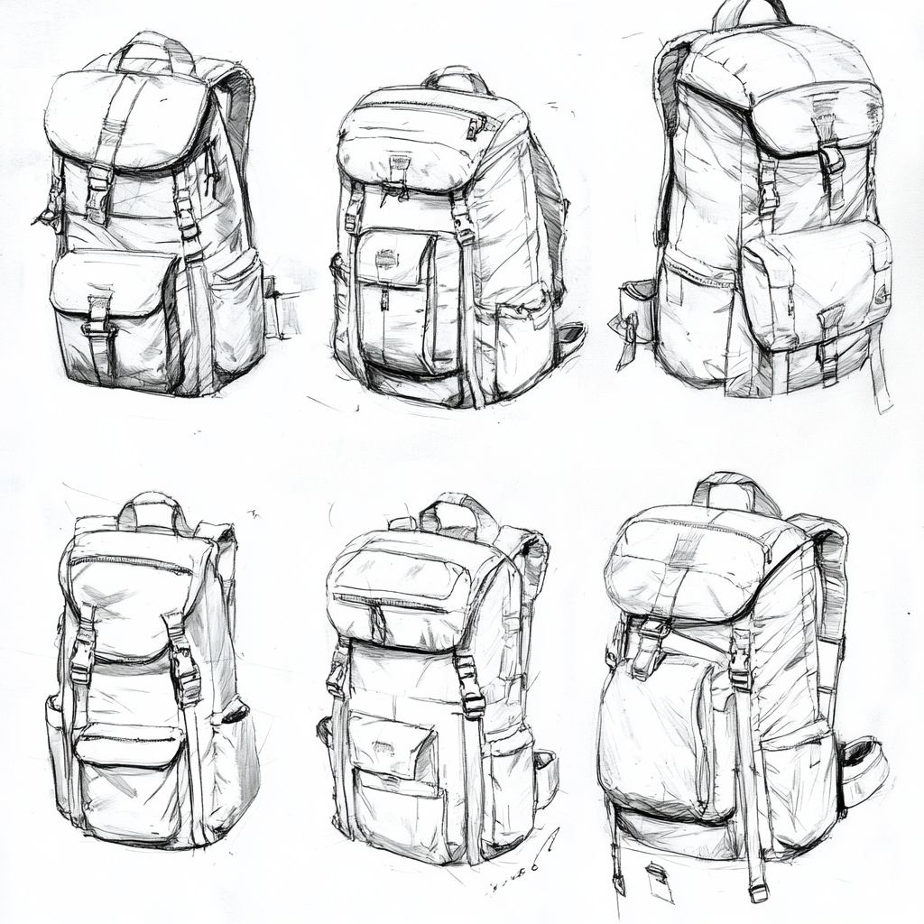 Sketches of gym bag with zipper, side opening, straps, and handles.