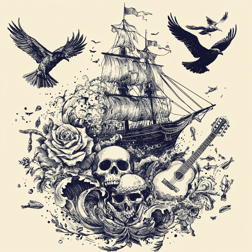 Sketches of rose, ship, guitar, crown, skull, ravens.