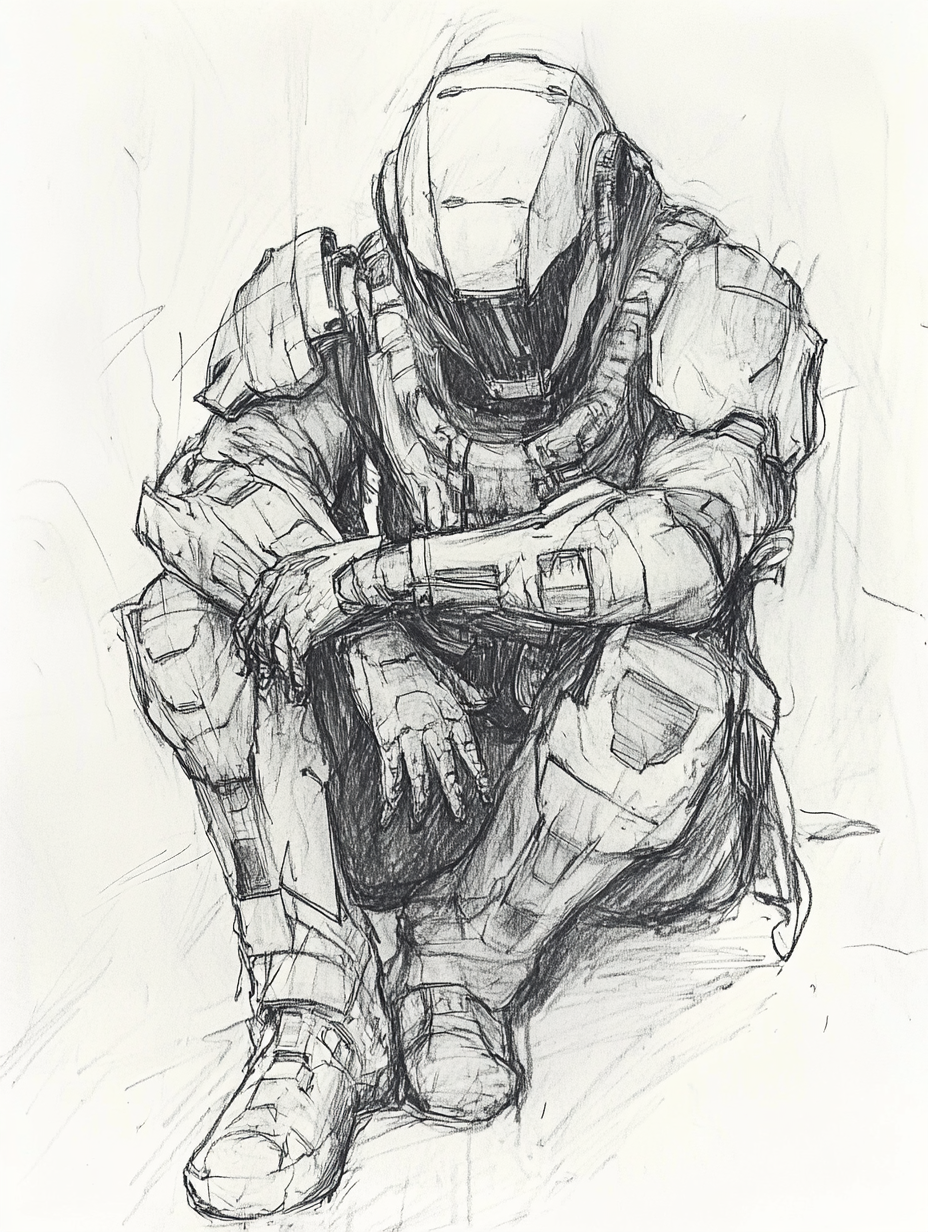 Sketchy pencil drawing of lone survivor in post-apocalyptic world.