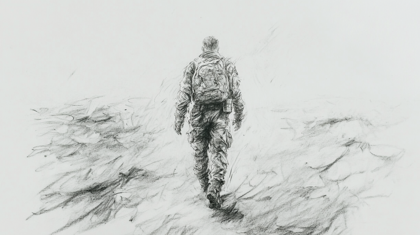 Sketchy pencil drawing of lone survivor post-apocalyptic world.