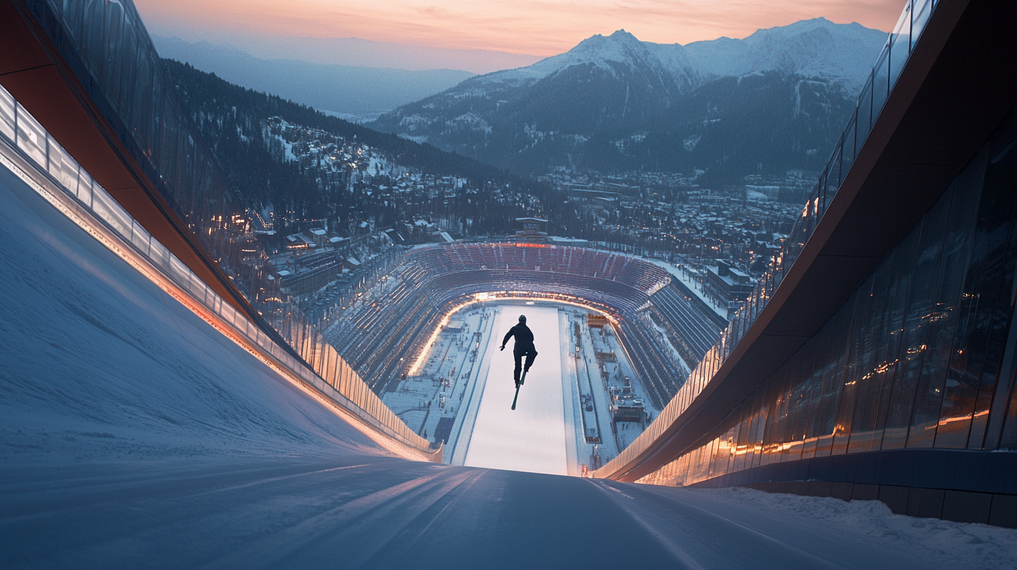 Ski jumper flying down illuminated slope at evening