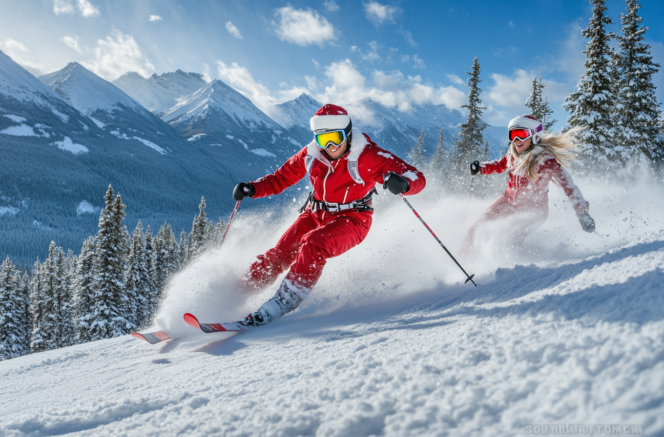 Skiers in Christmas outfits skiing down snowy mountain.