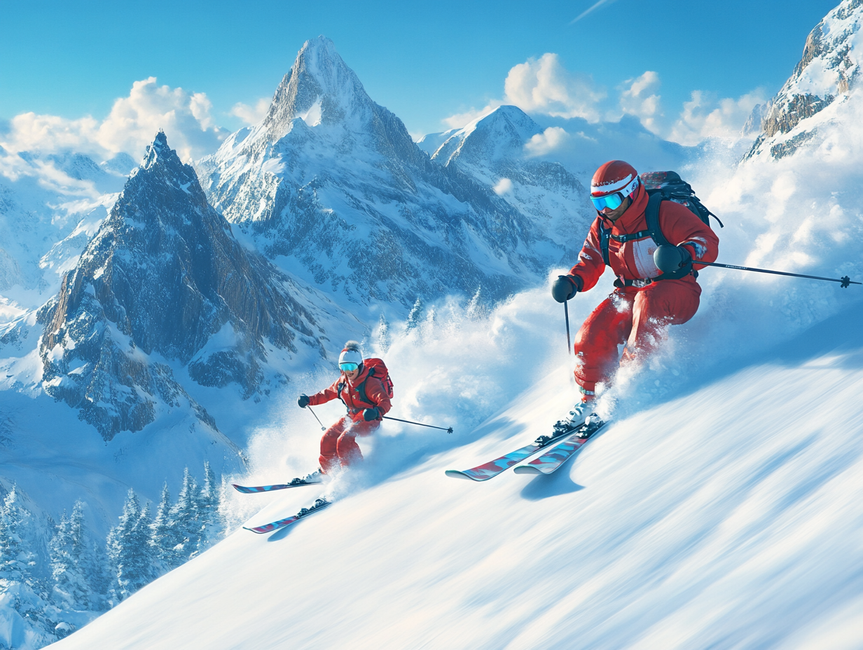 Skiing Couple on Snowy Mountain in Christmas Outfits.