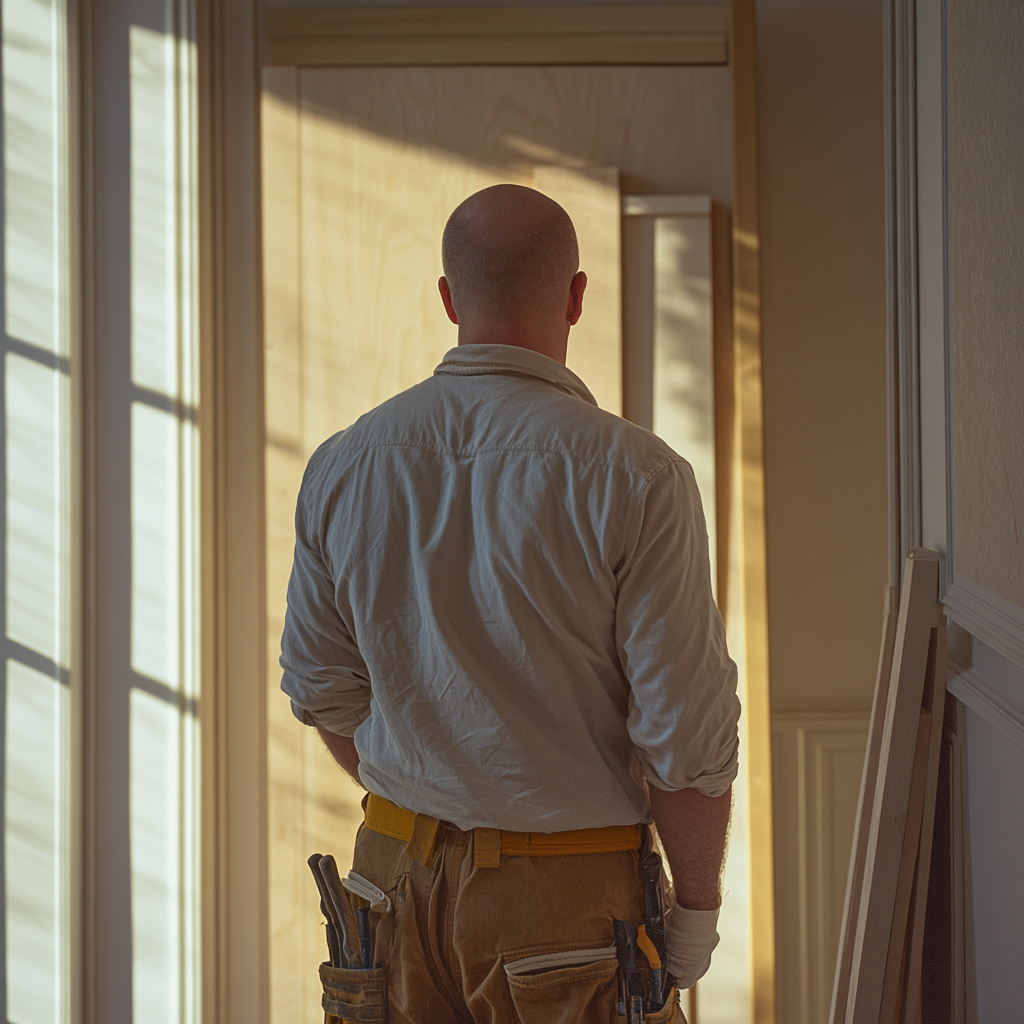 Skilled carpenter installing skirting boards in luxury home.