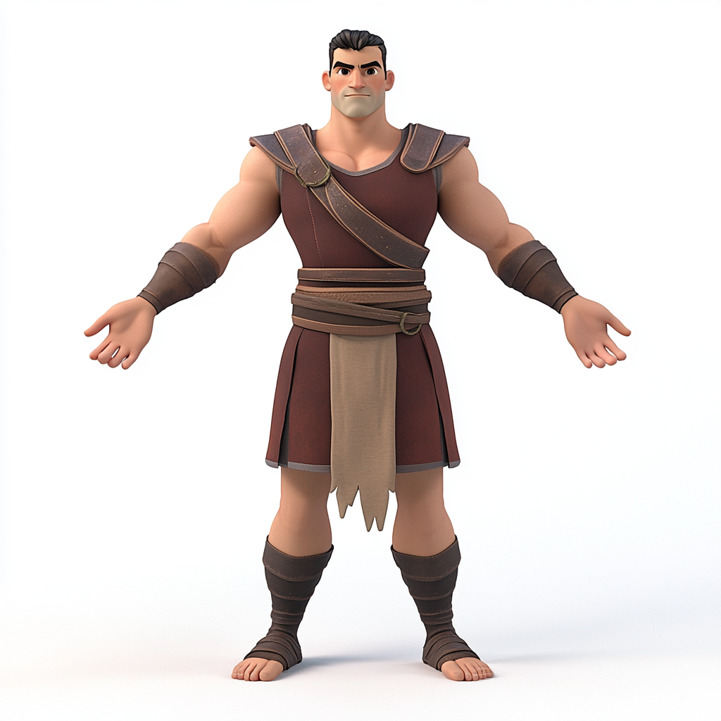 Skilled fighter in gladiator clothing, arms extended, facing forward.