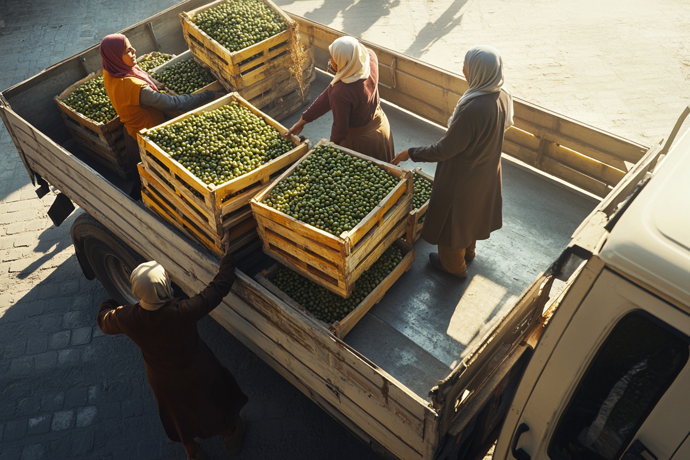 Skilled workers in hijabs loading olives in sunlight.