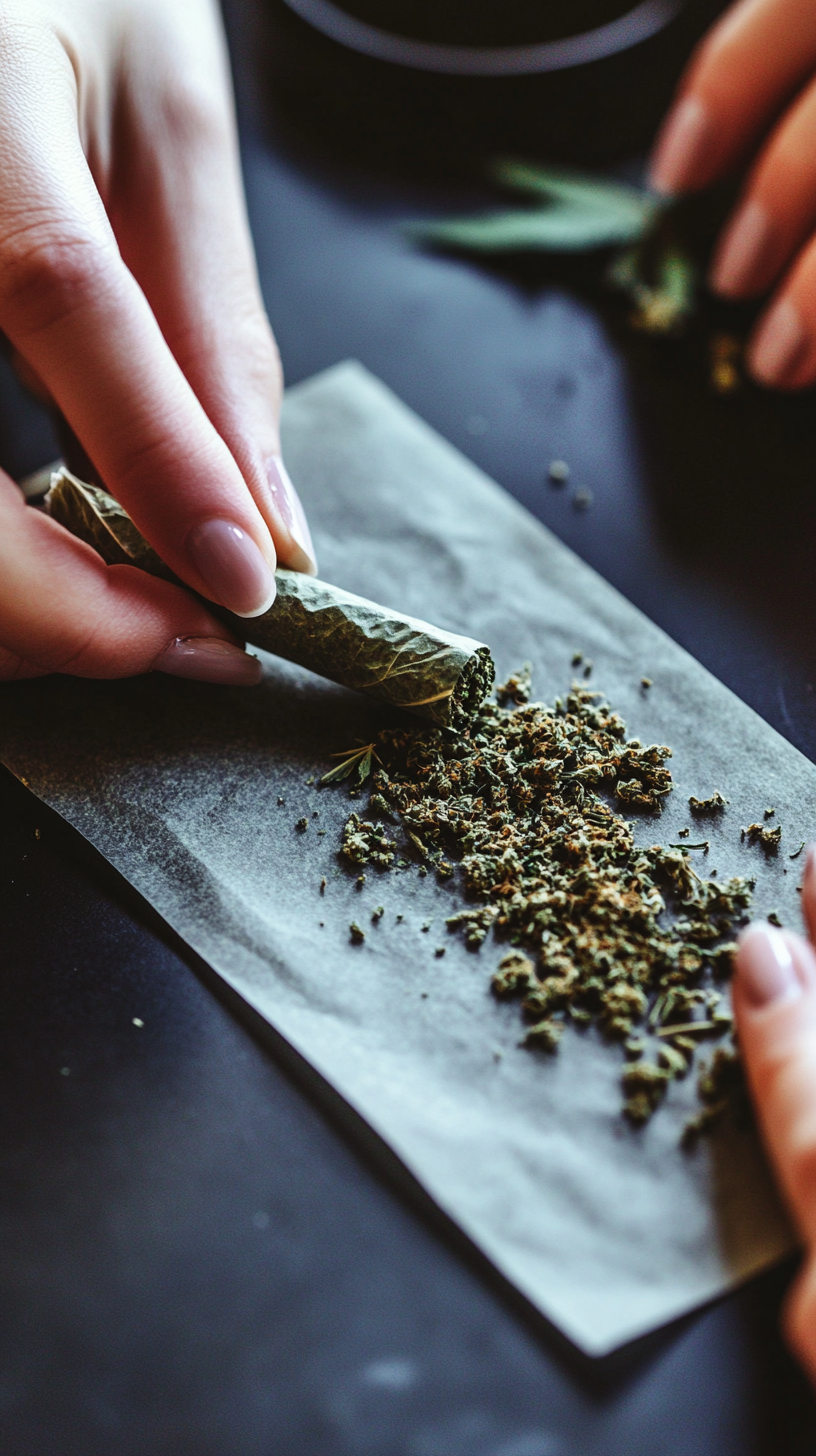 Skillful woman meticulously crafting cannabis joint with flawless technique.