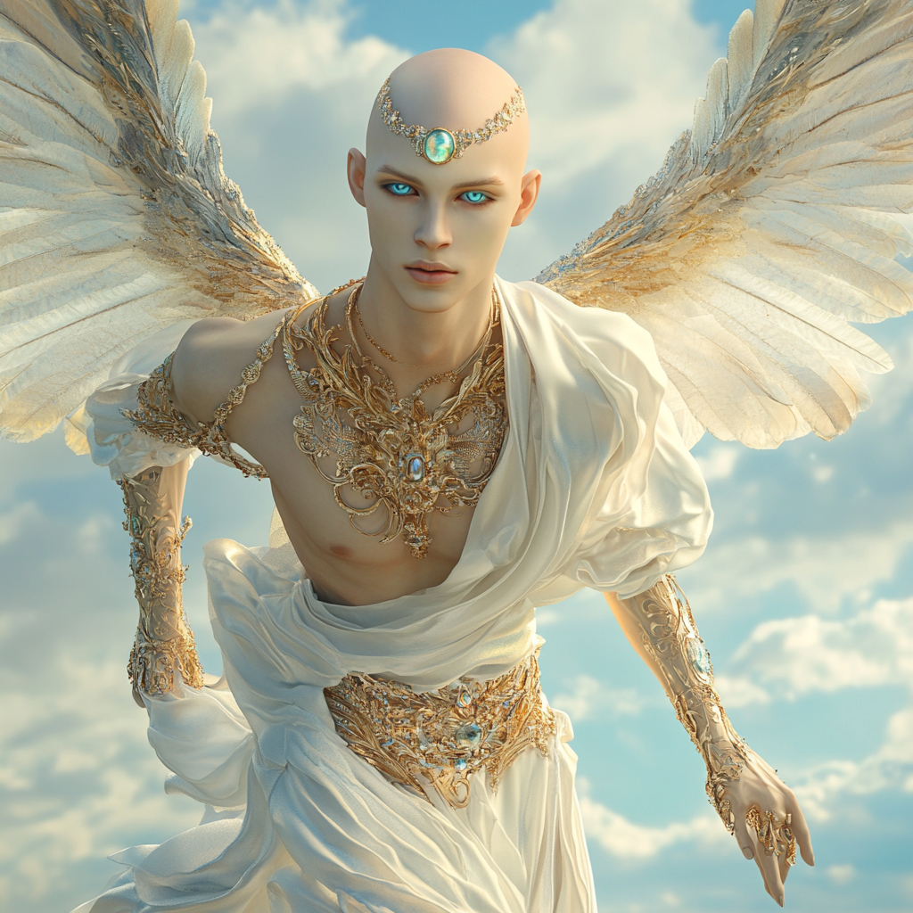 Skinny male Angel with Opal crown, blue eyes. Sky background.