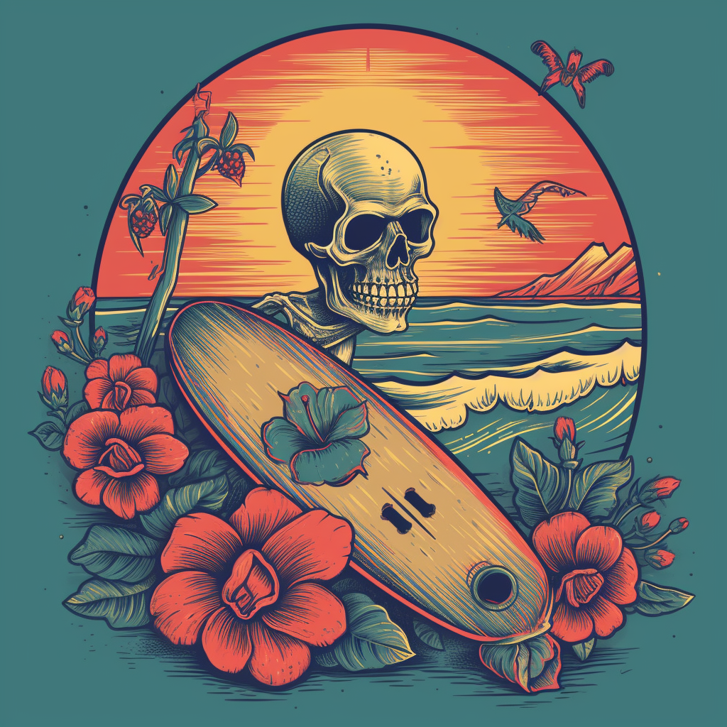 Skull, rose, surfboard, skateboard on vibrant beach scene illustration.