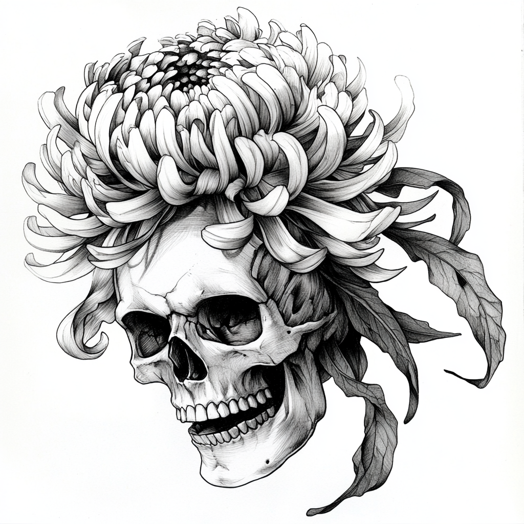 Skull and Flower Tattoo in Black and Grey