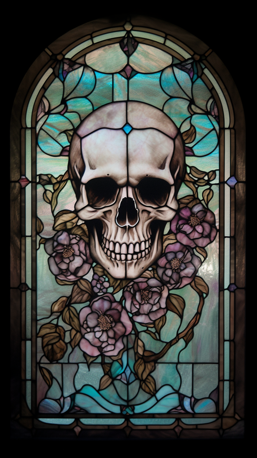 Skull and roses stained glass with pastel colors.