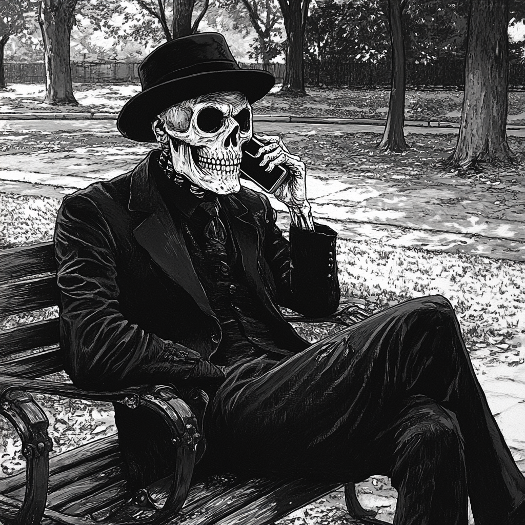 Skull-face gentleman with hat on phone in park 