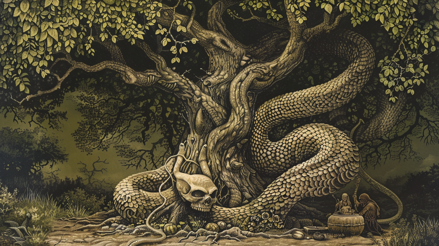 Skull-headed serpent coils around tree, druids kneel nearby.