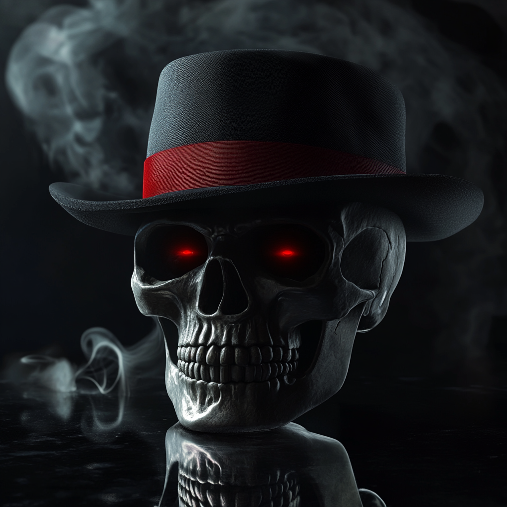 Skull wearing Fedora hat with red eyes, smoke cinematic.