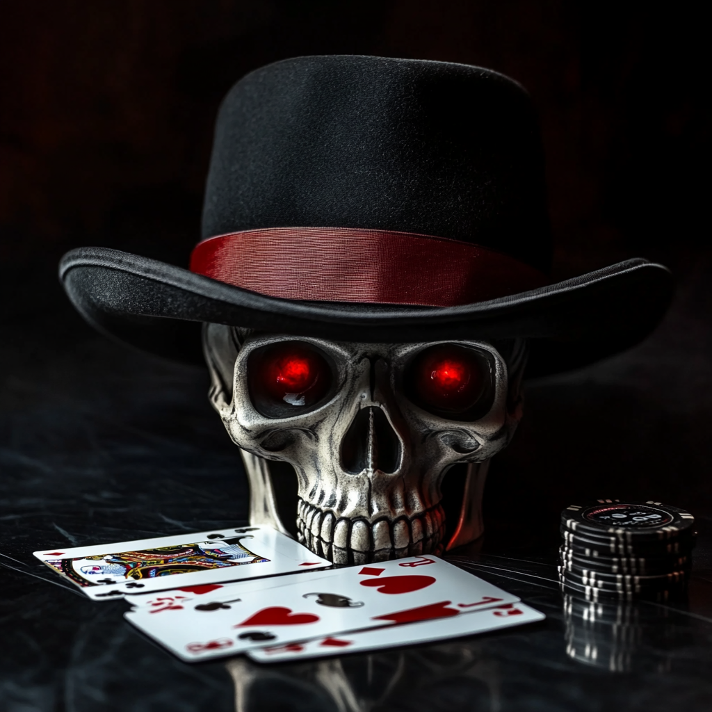 Skull with Fedora hat and red eyes, playing cards