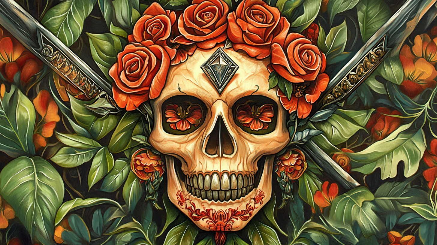 Skull with red roses and silver swords illustration.