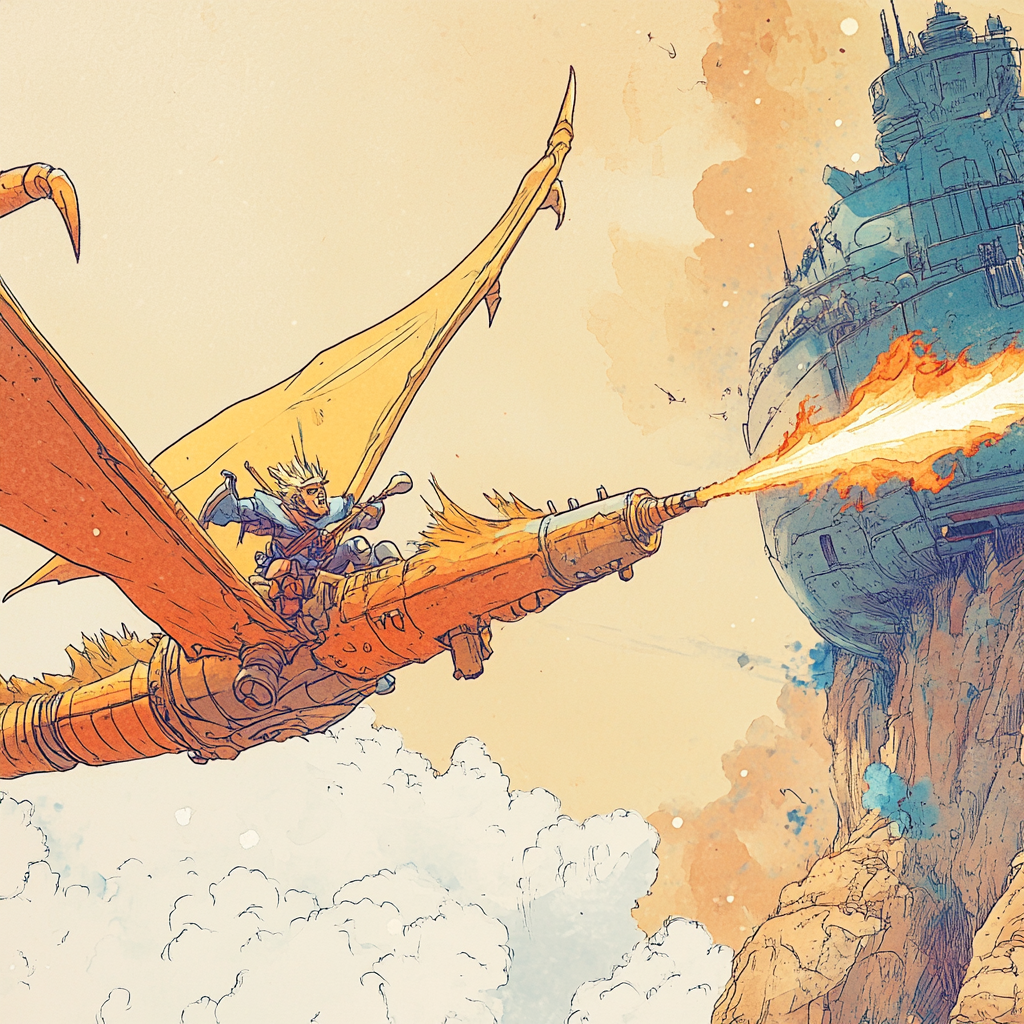 Sky knight battles dragon and airship in whimsical style.