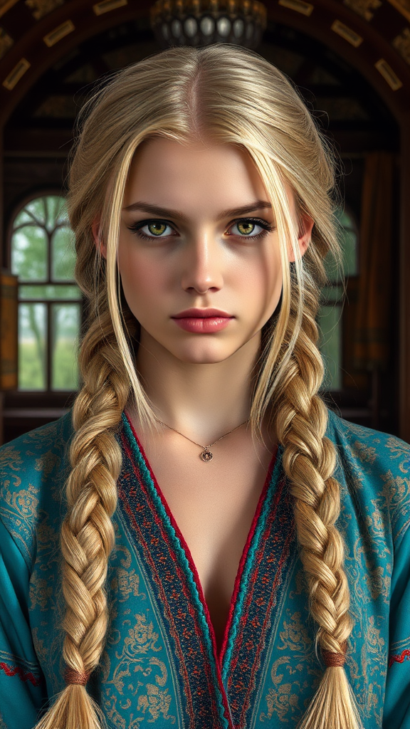 Slavic Beauty in Turquoise Sarafan Indoor Portrait