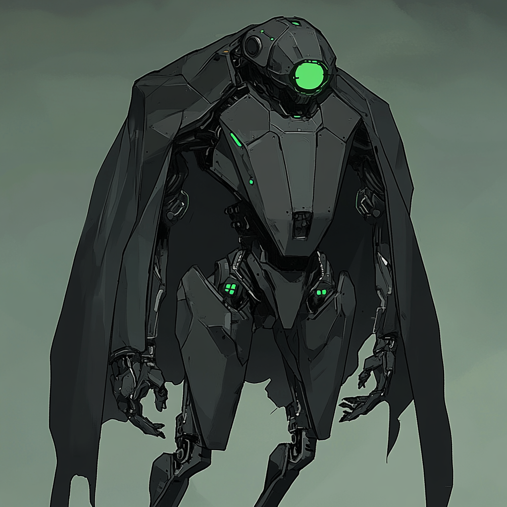 Sleek, 15ft tall mech in black cloak with hexagons.