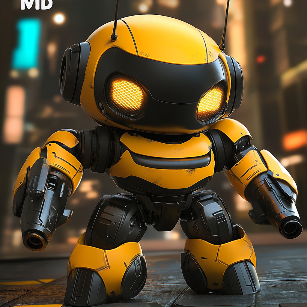 Sleek, golden yellow and black combat robot design.