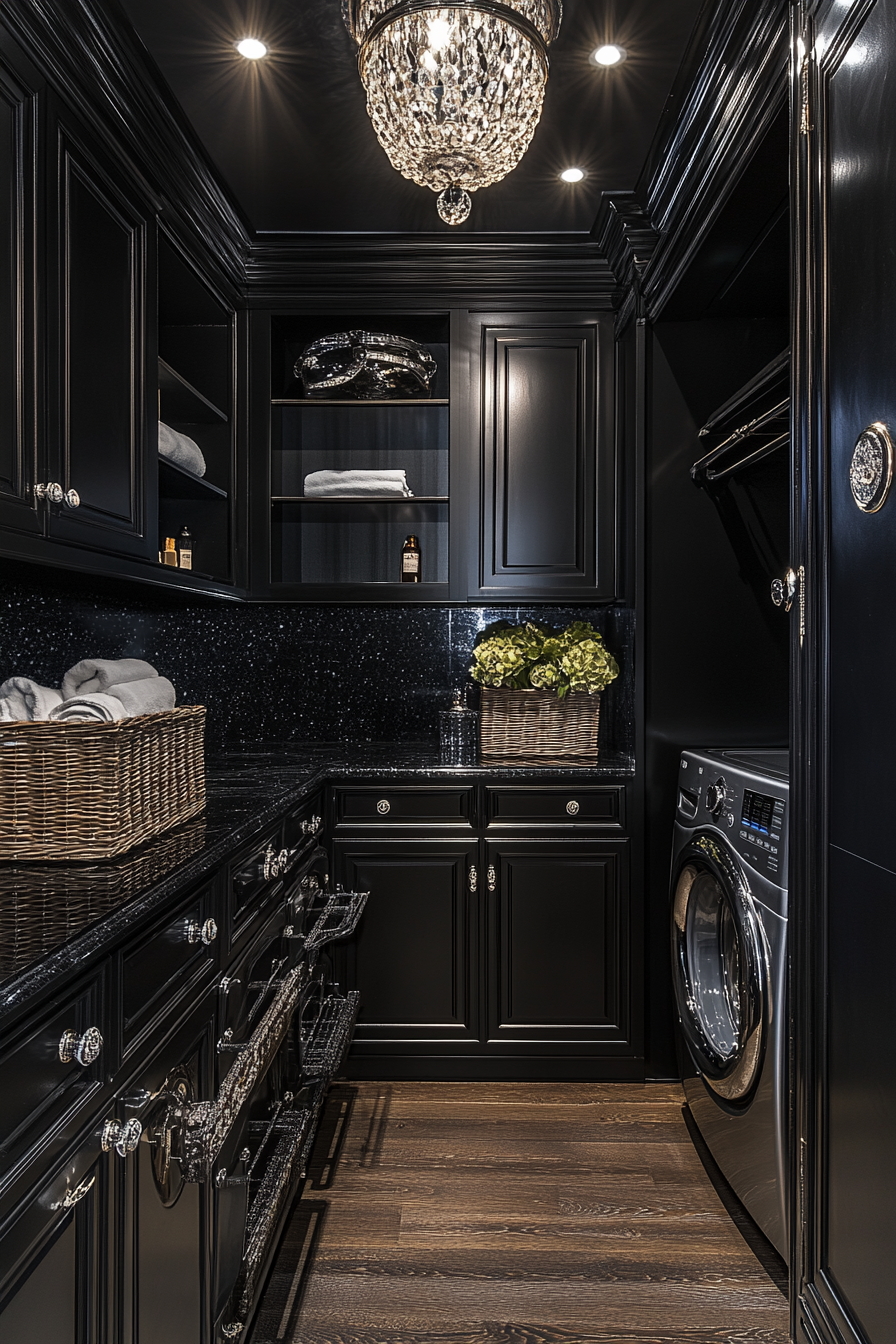 Sleek, gothic laundry room with silver accents and shadows.