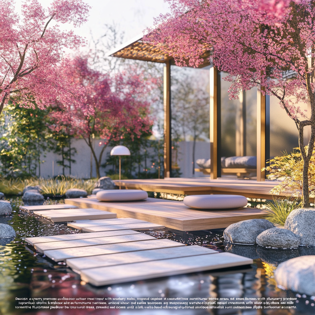 Sleek, modern Japanese outdoor oasis with cherry blossoms.