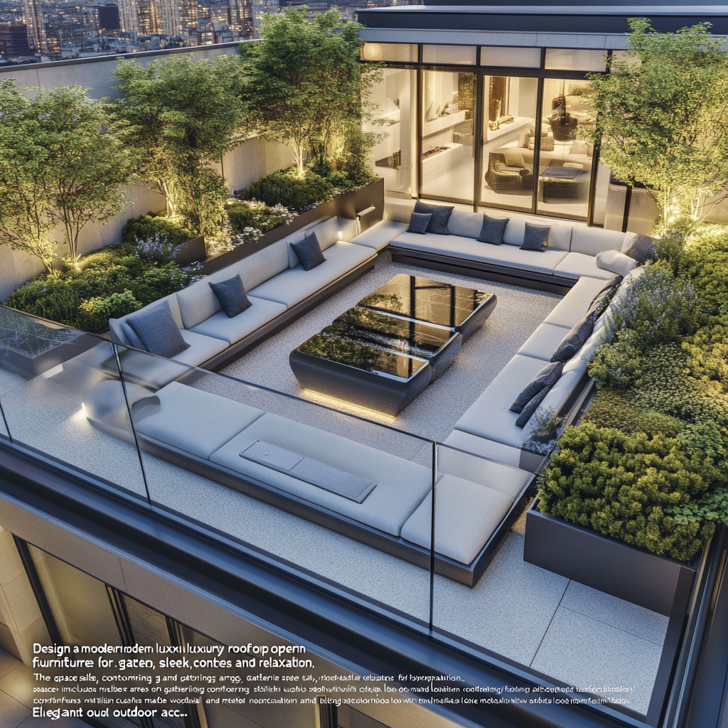 Sleek, modern rooftop garden with stylish furniture and lighting.