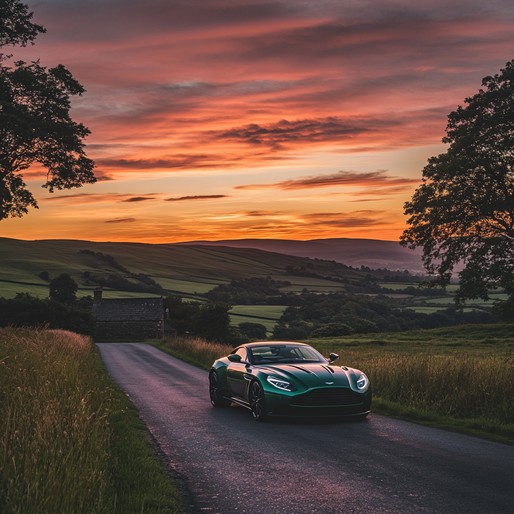 Sleek Aston Martin on British road at sunset