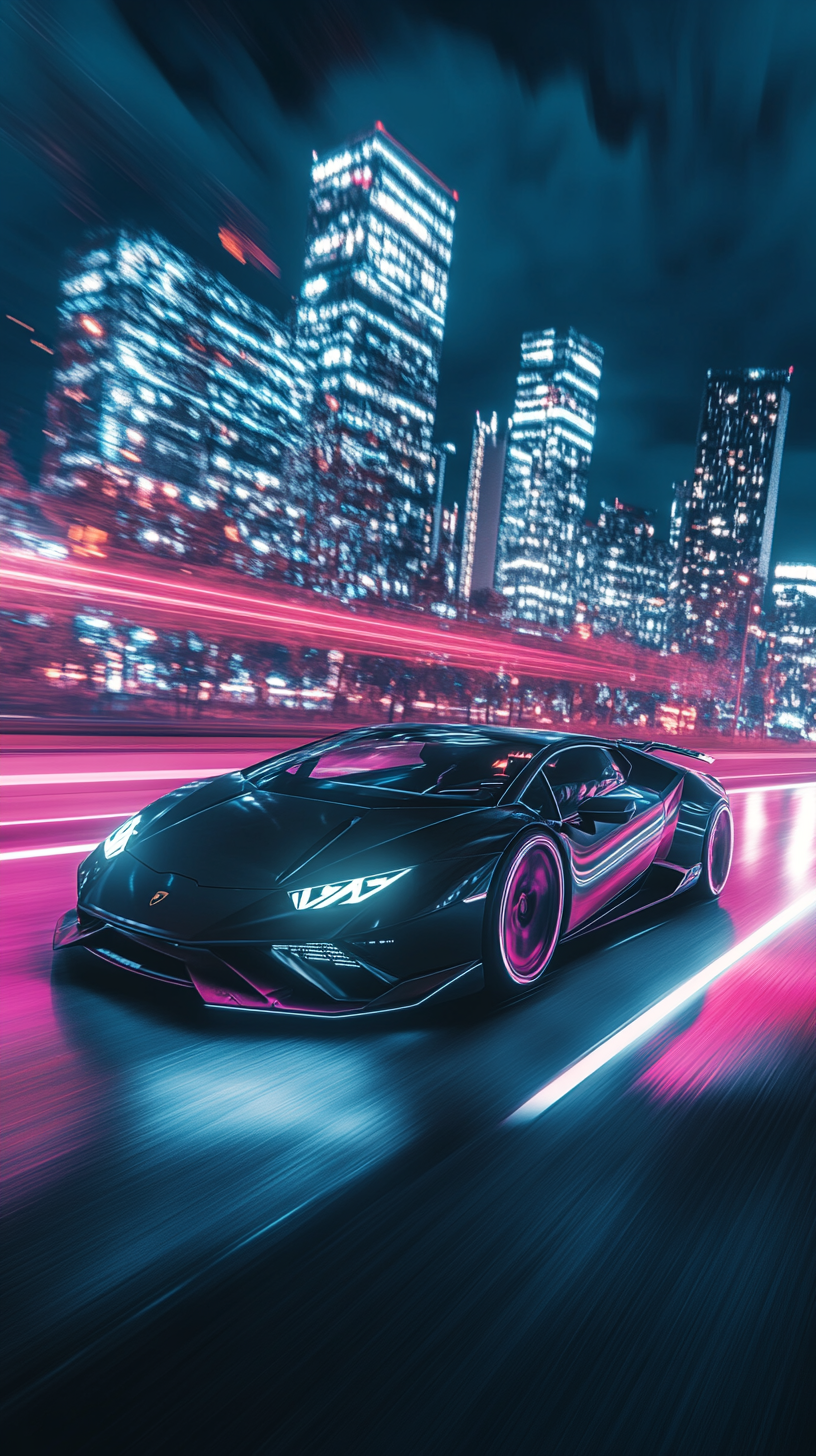 Sleek Lamborghini speeding on neon highway in cyberpunk city.