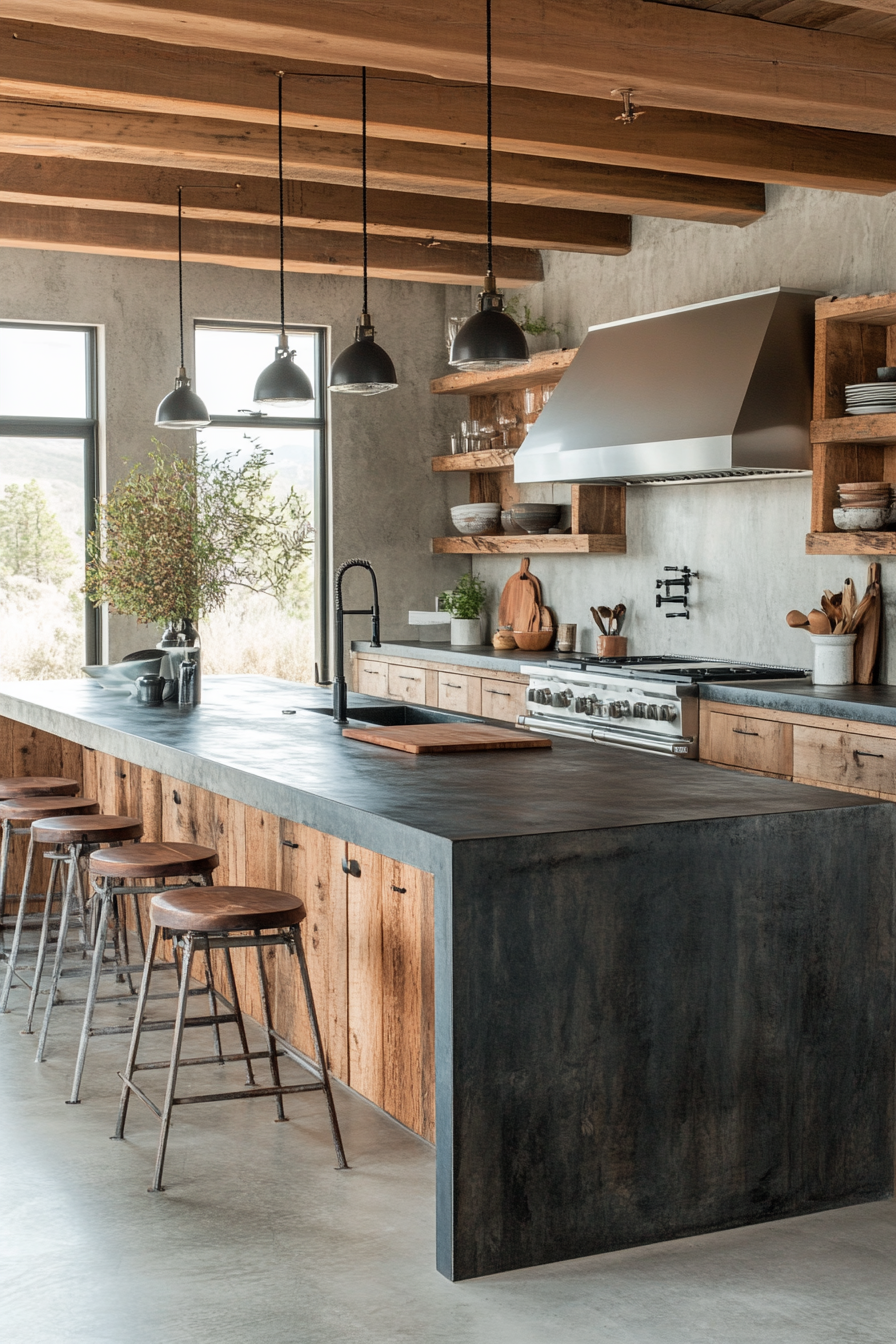 Sleek Rustic Retreat Kitchen with Polished Concrete Floors