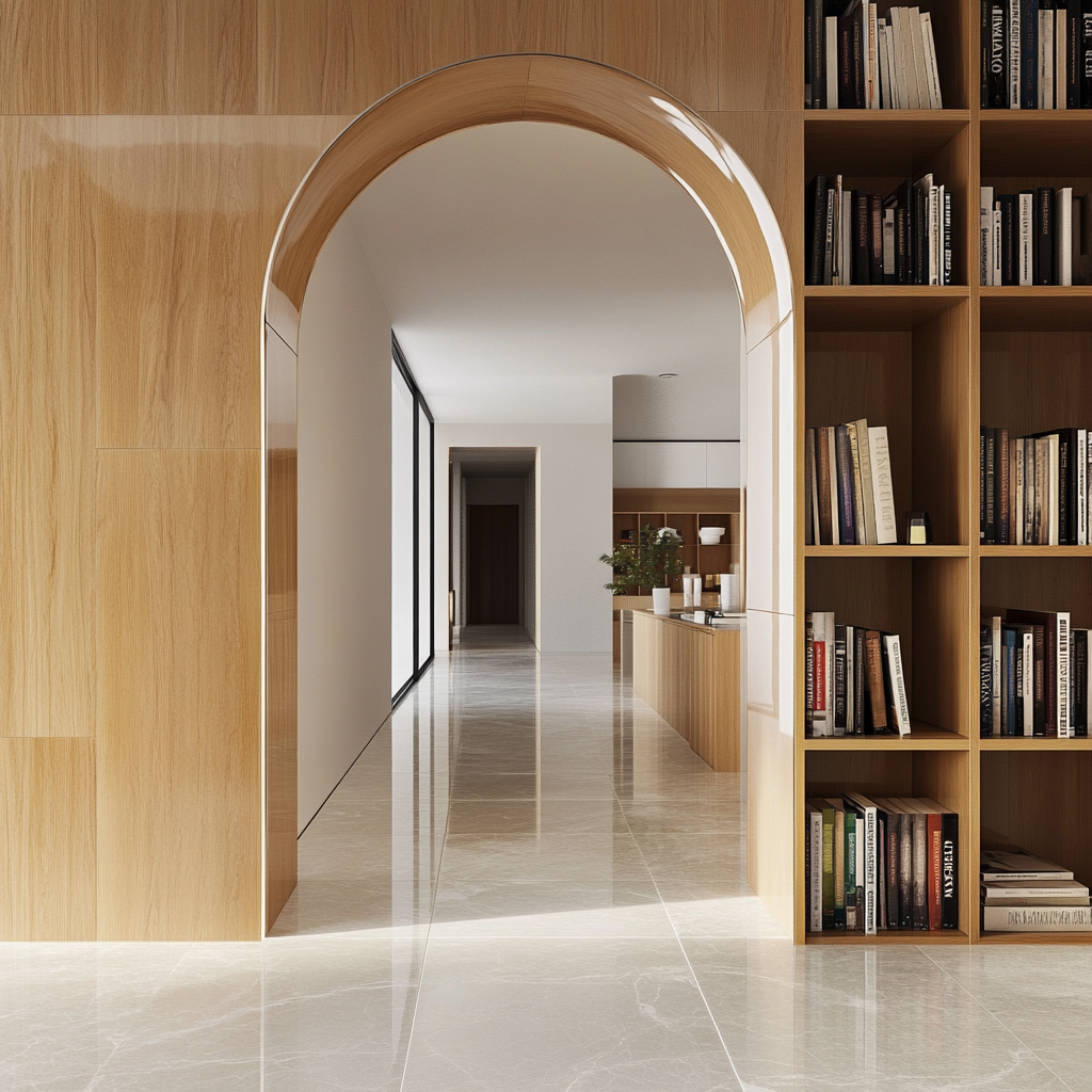 Sleek archway, glossy ceramic tiles, modern and elegant.