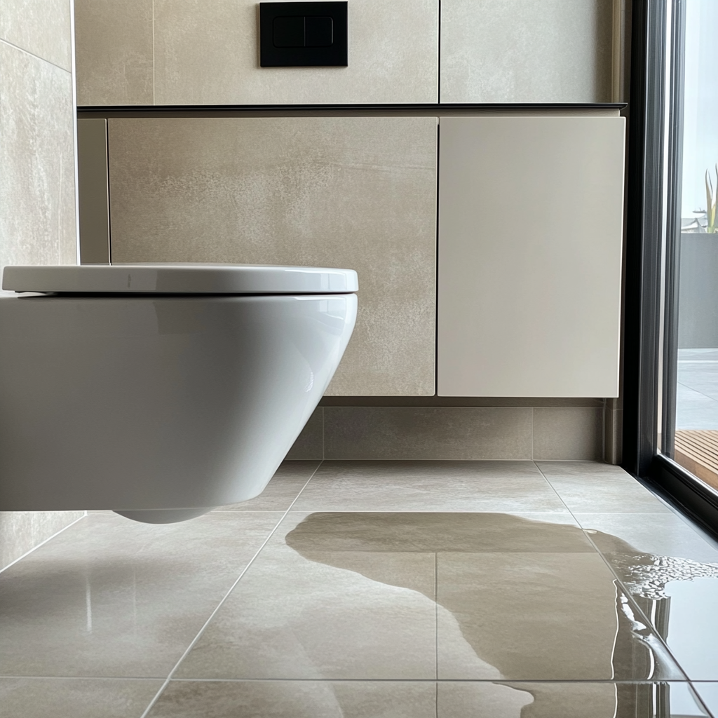 Sleek bathroom with minor water leak, creating small puddle.