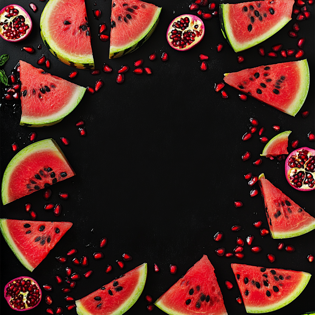 Sleek black background with vibrant watermelon and pomegranate.