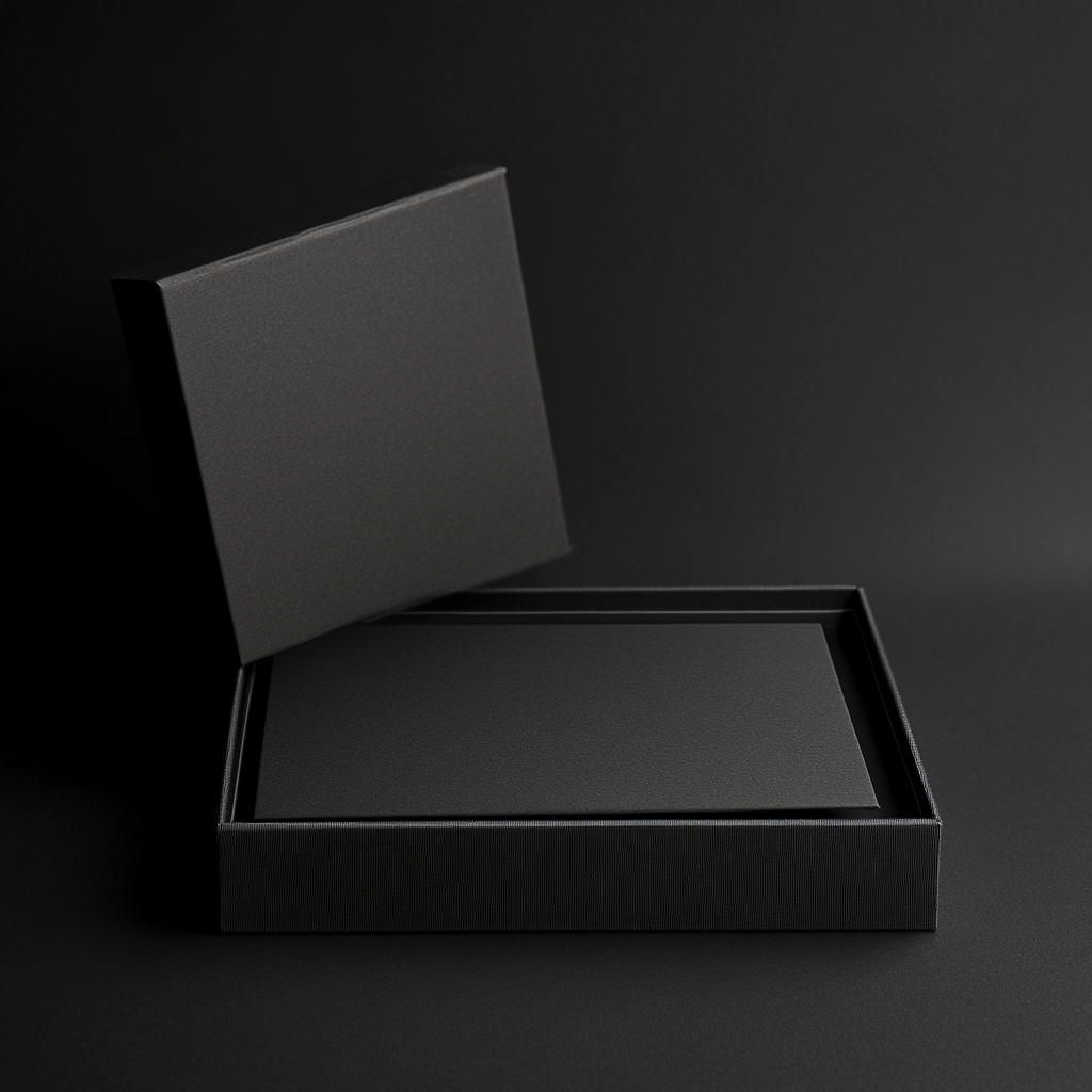 Sleek black box with premium envelope inside.