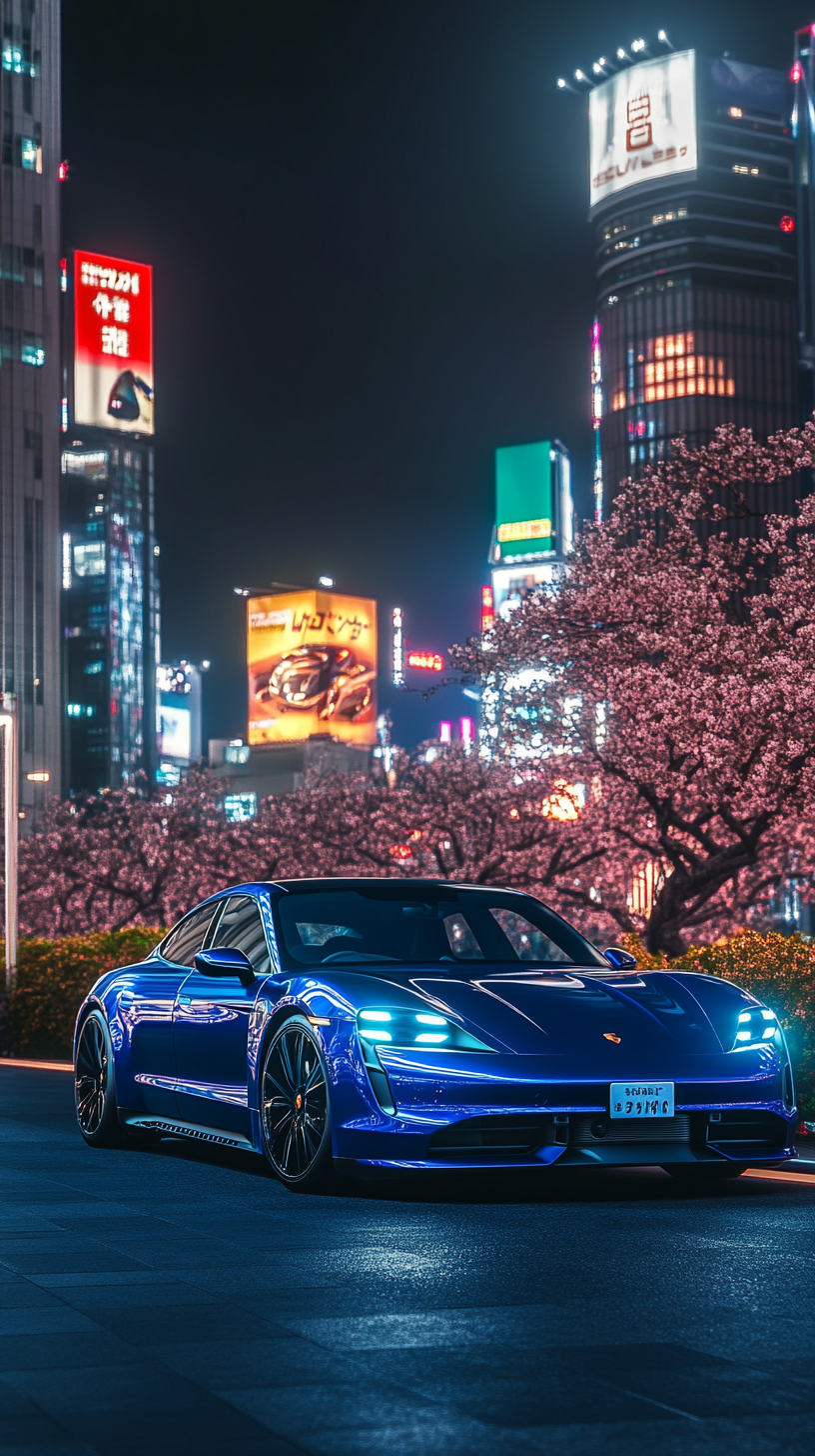 Sleek blue Porsche Taycan in Tokyo rooftop garden at night.