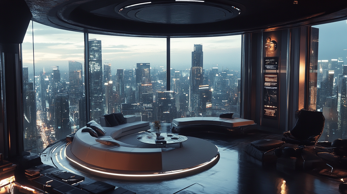 Sleek cyberpunk apartment with circular lounge and city view.