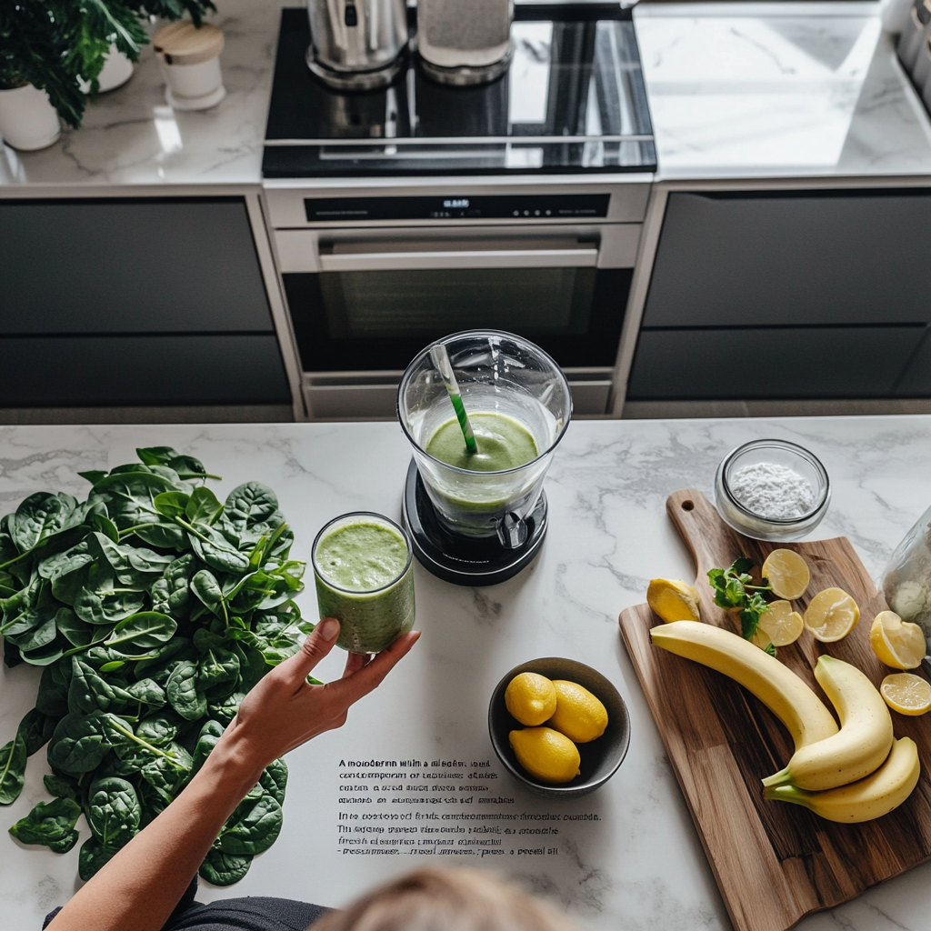 Sleek modern kitchen with green smoothie preparation 