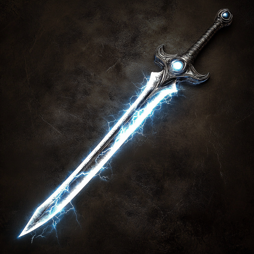 Sleek silver longsword with storm cloud hilt and pommel.