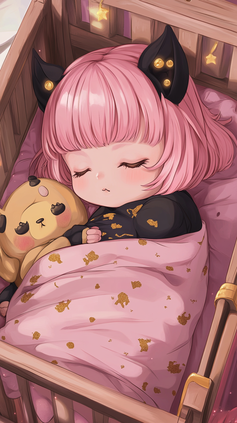 Sleeping Baby Anya in chibi style with Chimera doll.