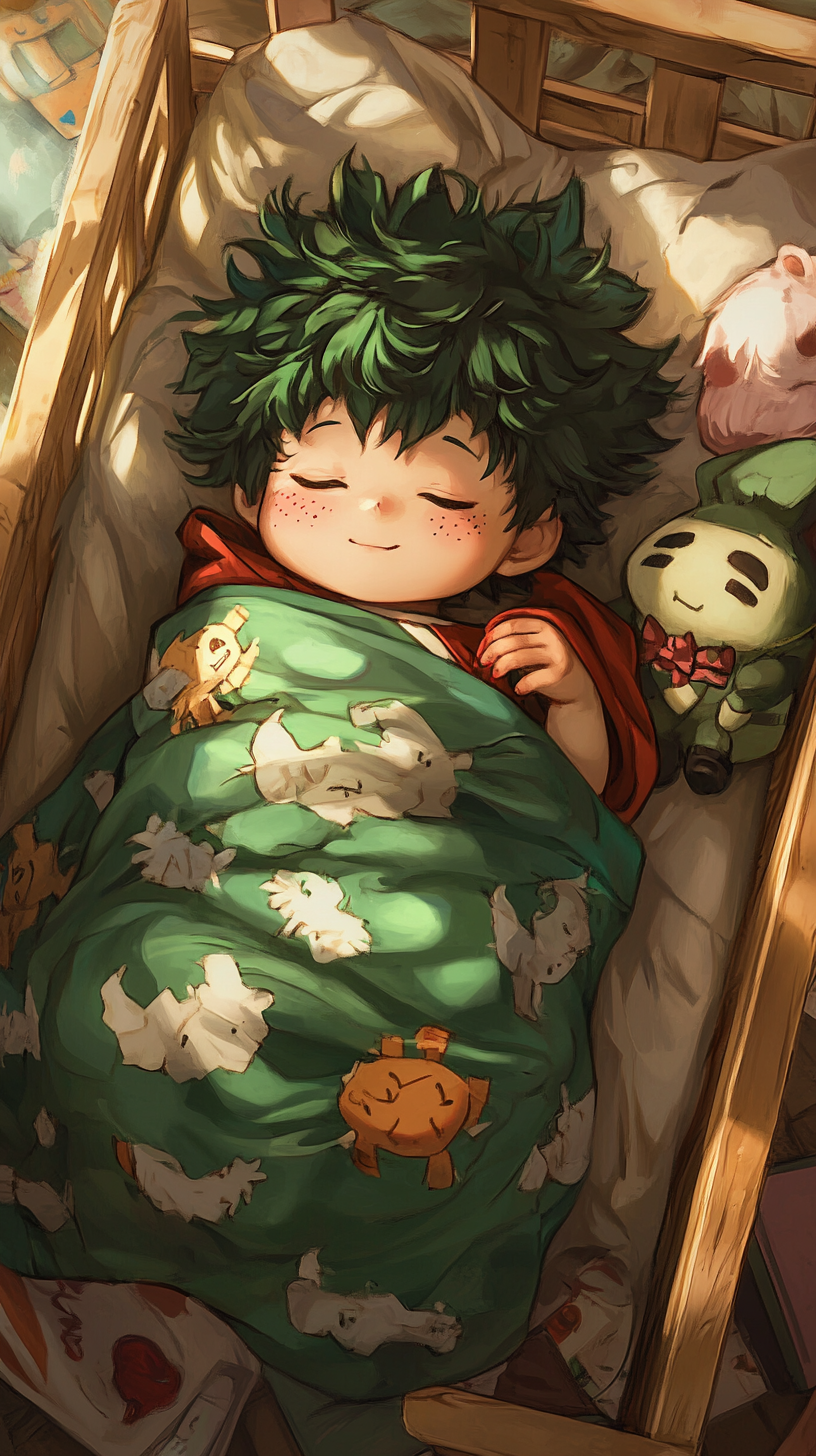 Sleeping Baby Deku in 'uwu' style with hero toys.