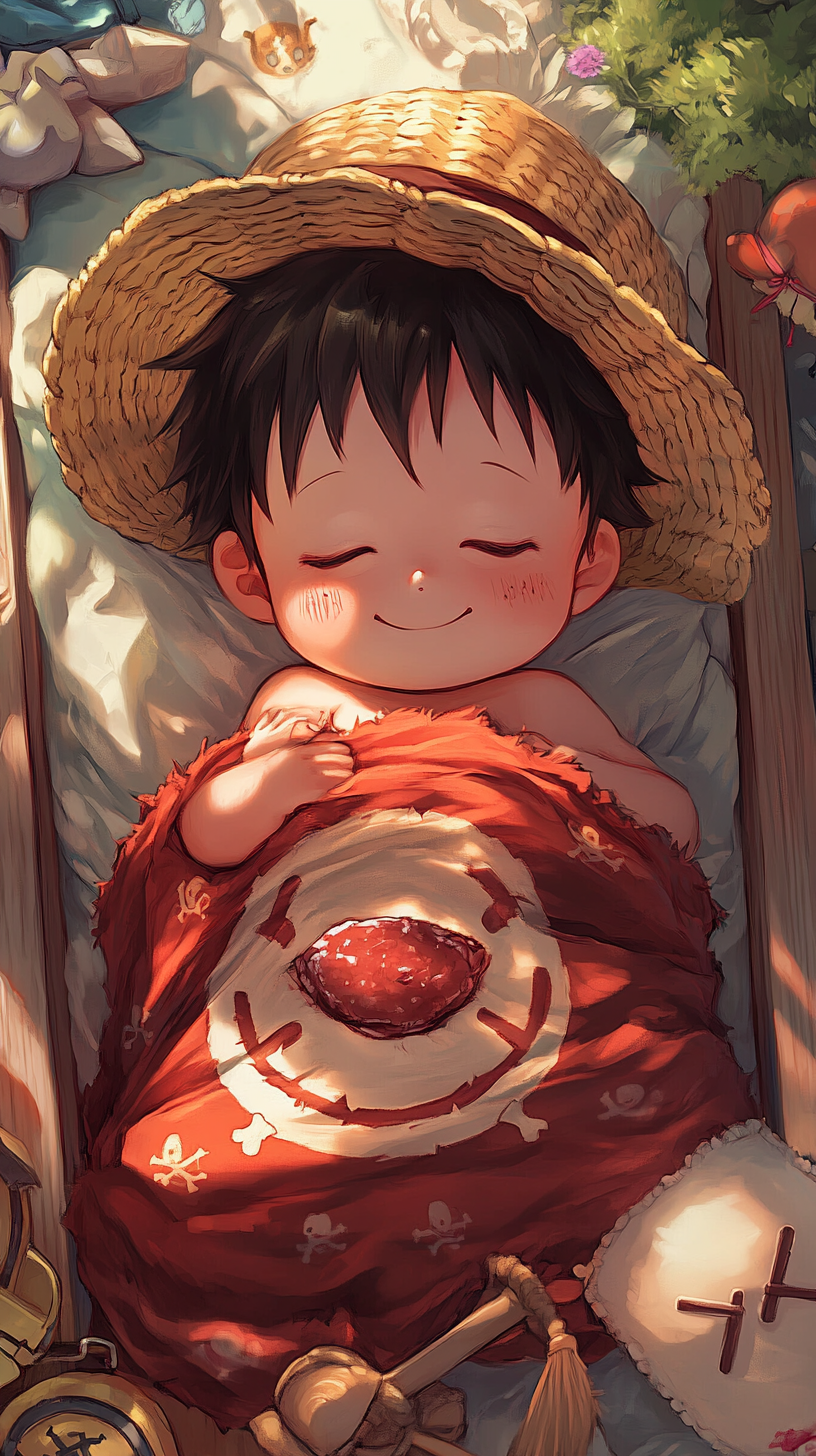 Sleeping Baby Luffy in 'uwu' style surrounded by toys.