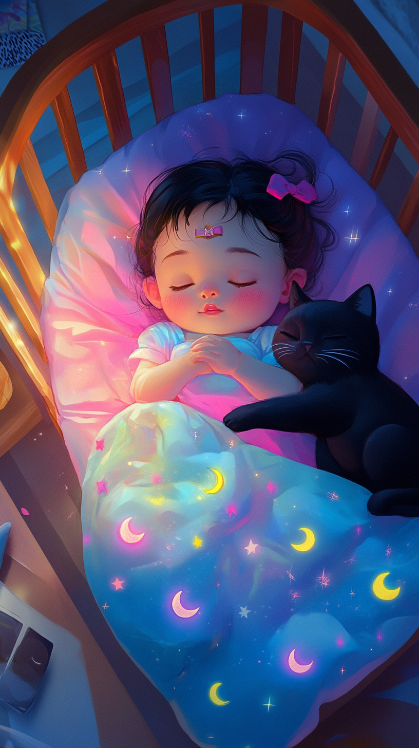 Sleeping Baby Sailor Moon in 'uwu' style with Luna.